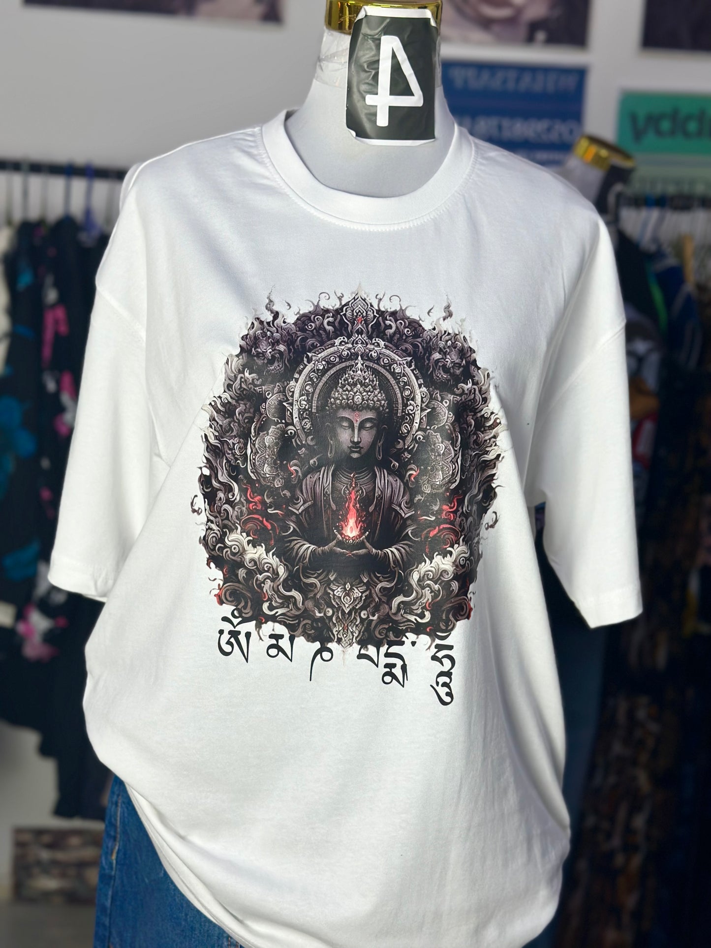 OT23-Buddha Flame print Oversize ladies t-shirt with Drop Shoulder