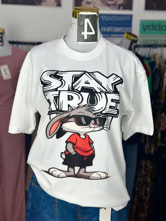 OT18-Stay True Bunny Print Drop shoulder TEE