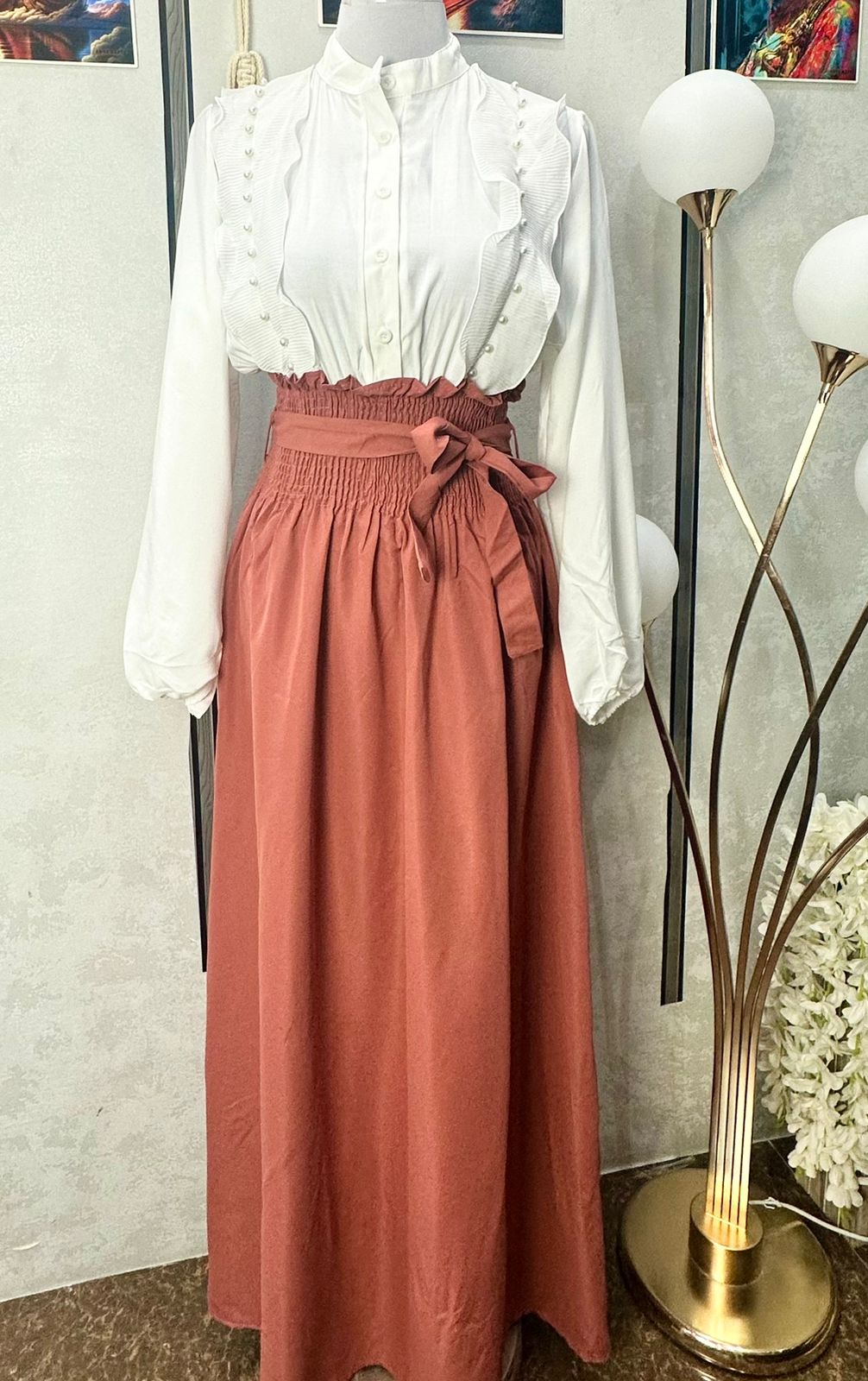 1034-Elegant Long Dress with Ruffle Detail & High Waist Design