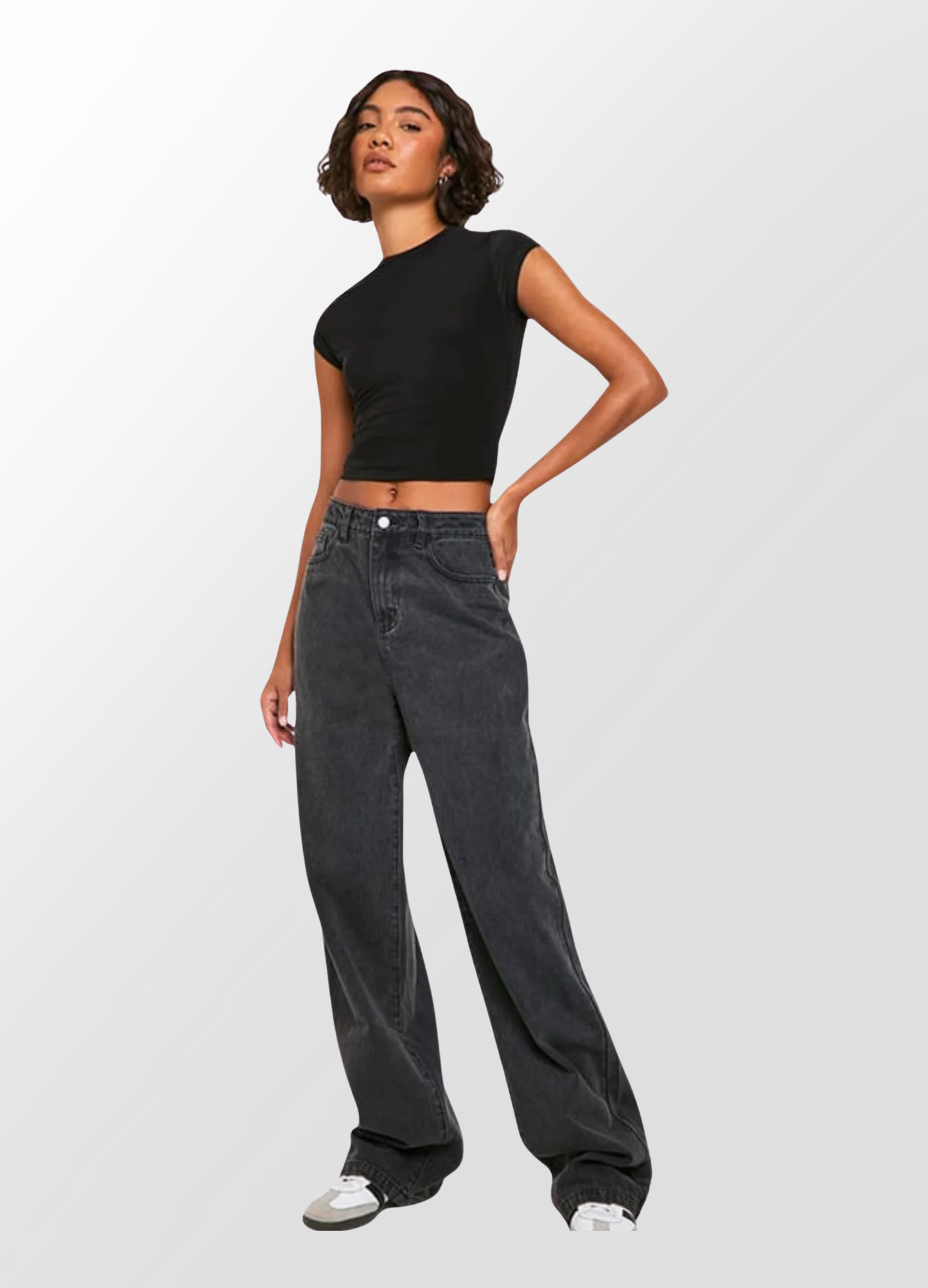 महिलाको चौडा खुट्टा भएको हाई-वेस्ट जिन्स प्यान्ट