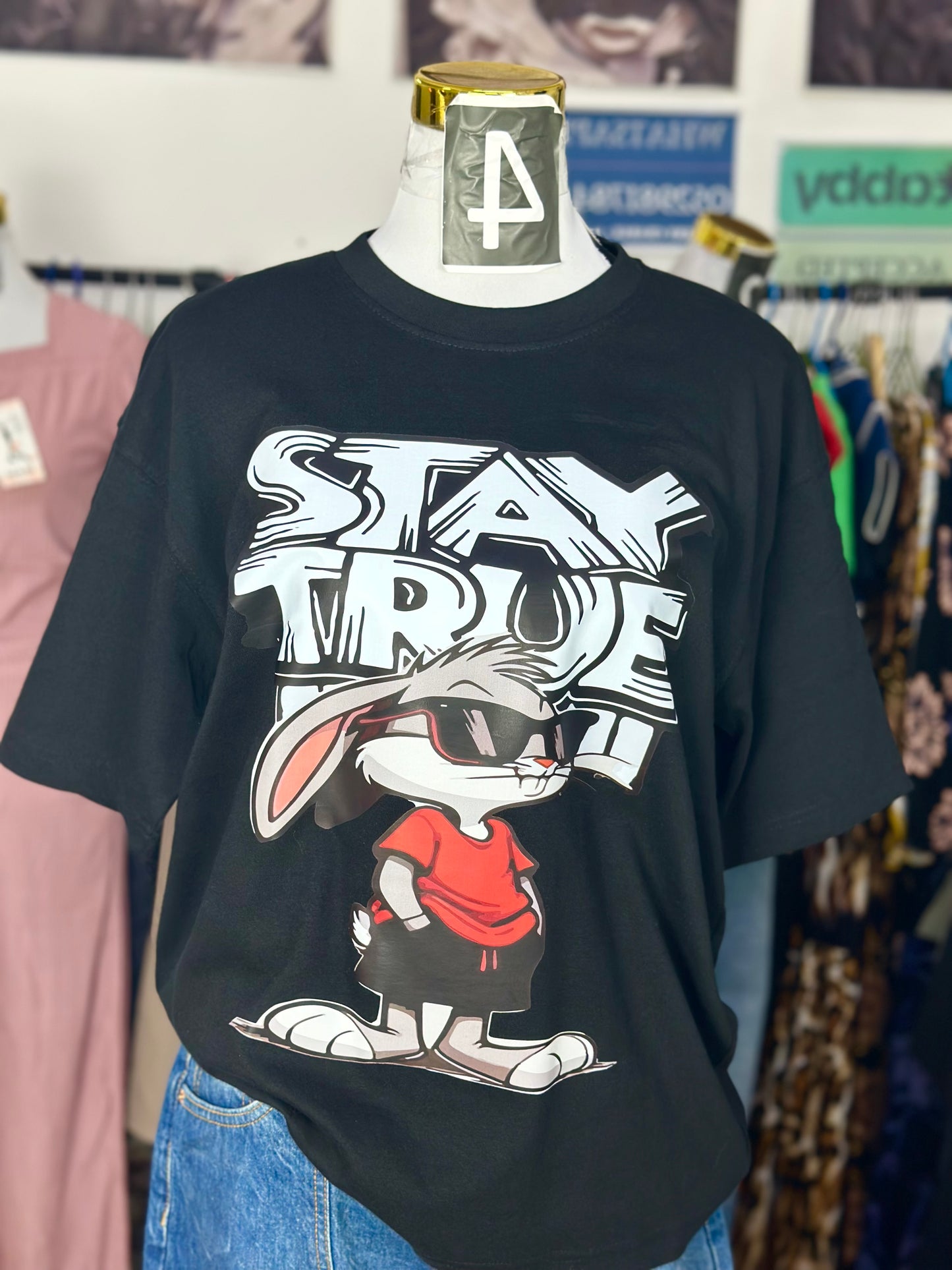 OT18-Stay True Bunny Print Drop shoulder TEE