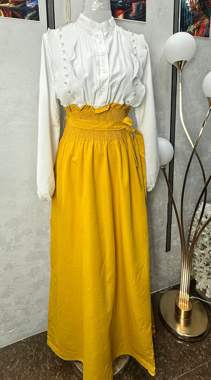 1034-Elegant Long Dress with Ruffle Detail & High Waist Design