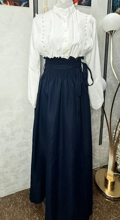 1034-Elegant Long Dress with Ruffle Detail & High Waist Design