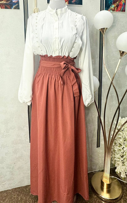 1034-Elegant Long Dress with Ruffle Detail & High Waist Design