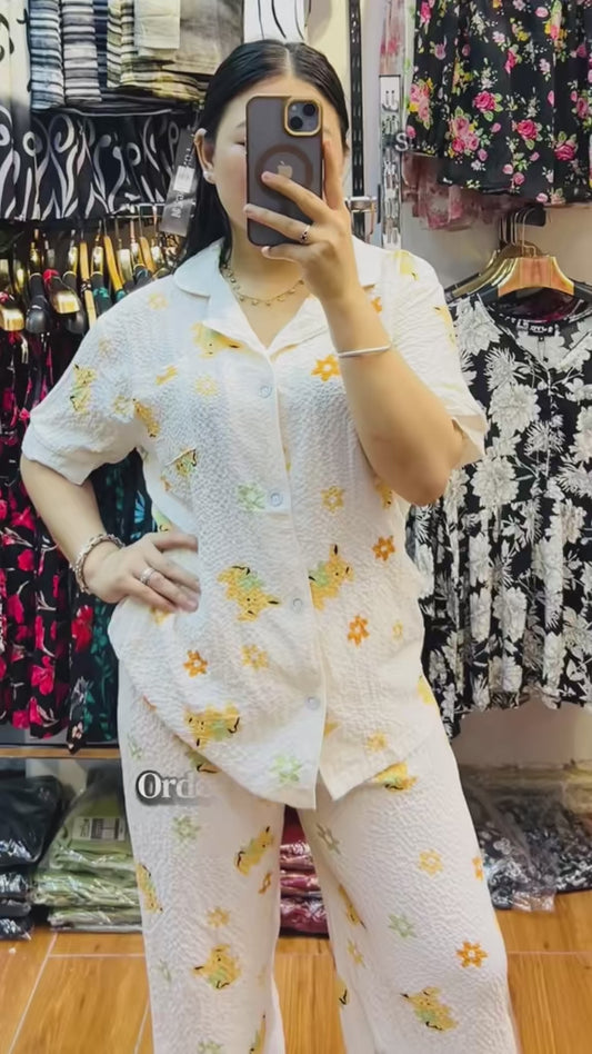 4352- Teddy Print Night Suit- Lounge Set