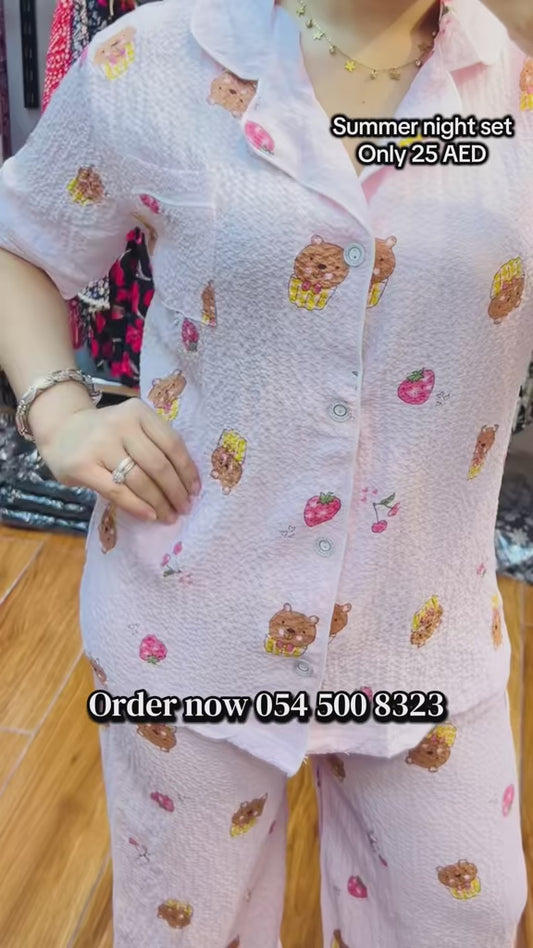 4350- Pink Night Suit - Cute Teddy  Print Lounge Set