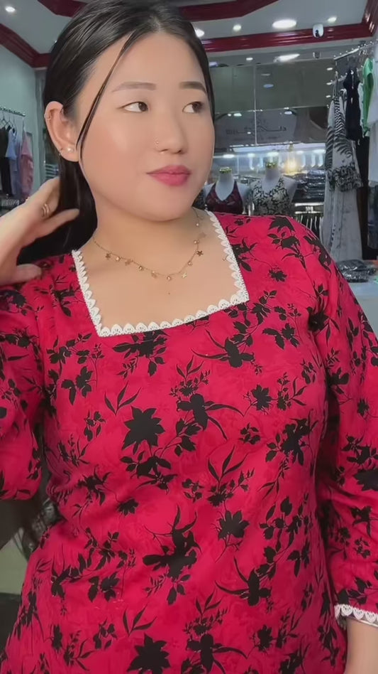 4323-Red Lace Kurthi Tops