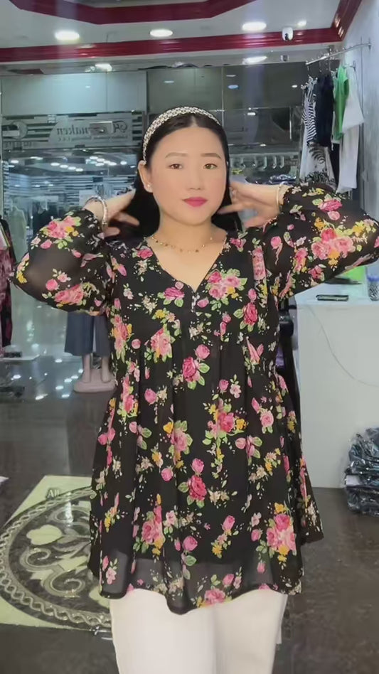 4336- Chiffon Peplum Tops with Vibrant Floral Print- Summer Tops