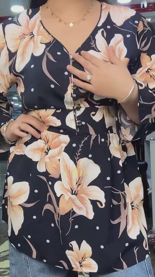 4329- Navy  Orange Floral Print-Peplum Top