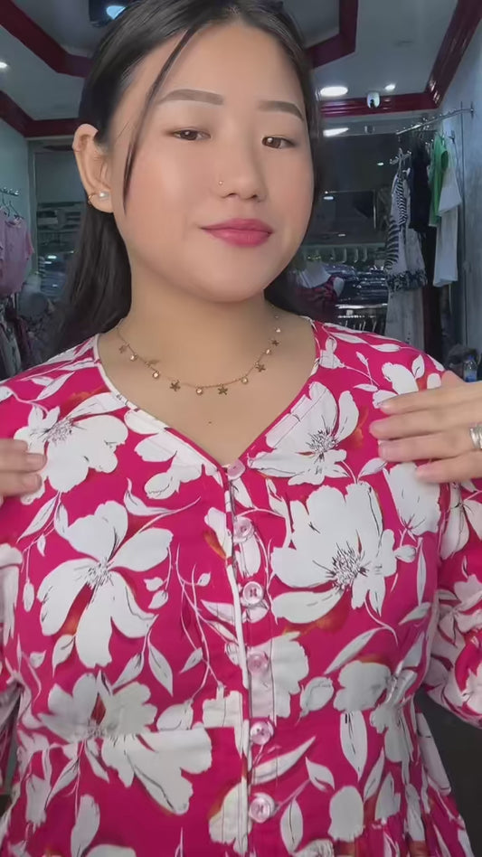 4327-  Pink Printed Peplum Tops Full Sleeve