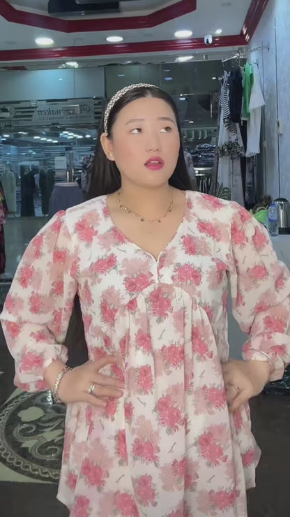 4336- Chiffon Peplum Tops with Vibrant Floral Print- Summer Tops