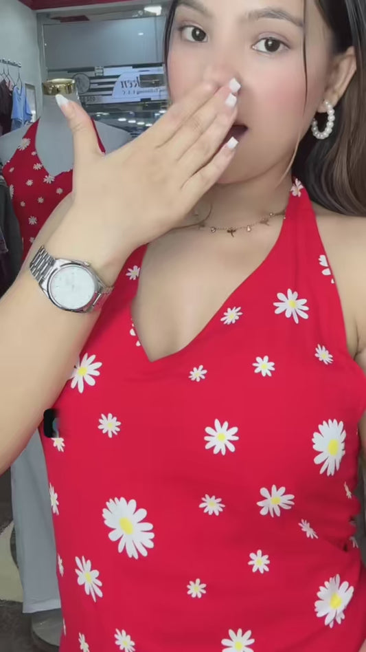 4305- Halter Kurti - sunflower print - short kurti set.