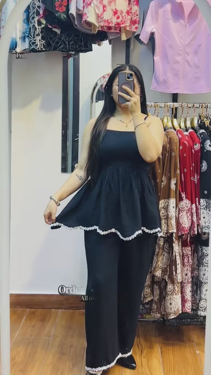 4365- Peplum Co-ord Set - Black Co-ord set- Peplum Top with trouser - Peplum Lace Co-ordset